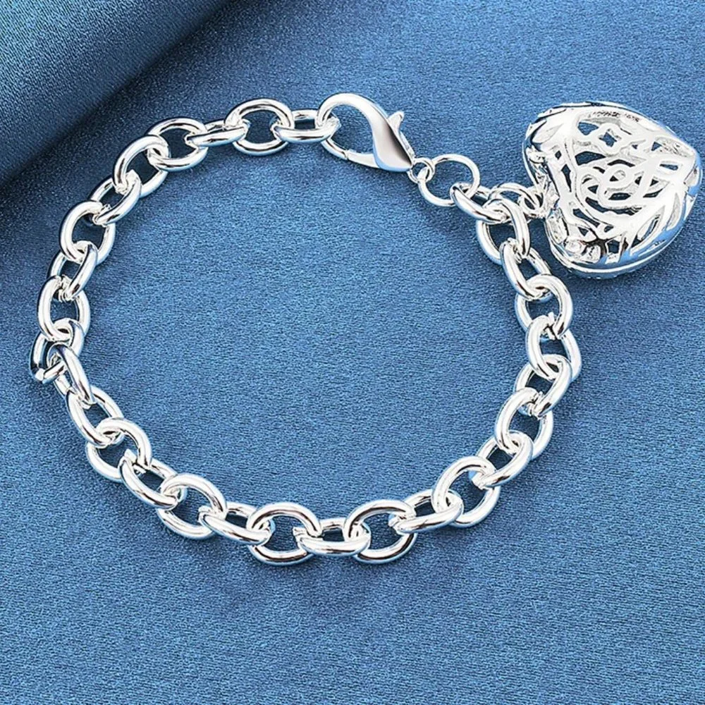 Hollowed & Carved Heart Pendant Bracelet Stamped .925 Solid Sterling Silver - Picture 2 of 6